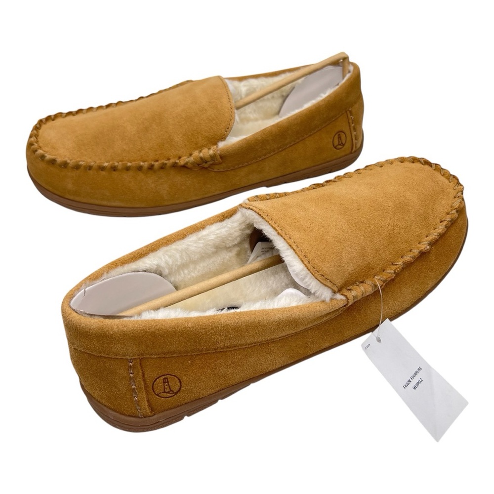 NWT Lands’ End Men’s English Tan Suede Leather Faux Fur Lined Moccasin Slippers - Picture 2 of 15